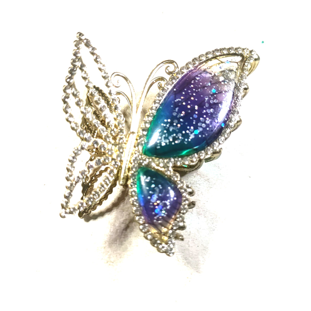 Butterfly Claw Clip Hair Barrette Gold Tone Blue Acrylic Wing Rhinestones